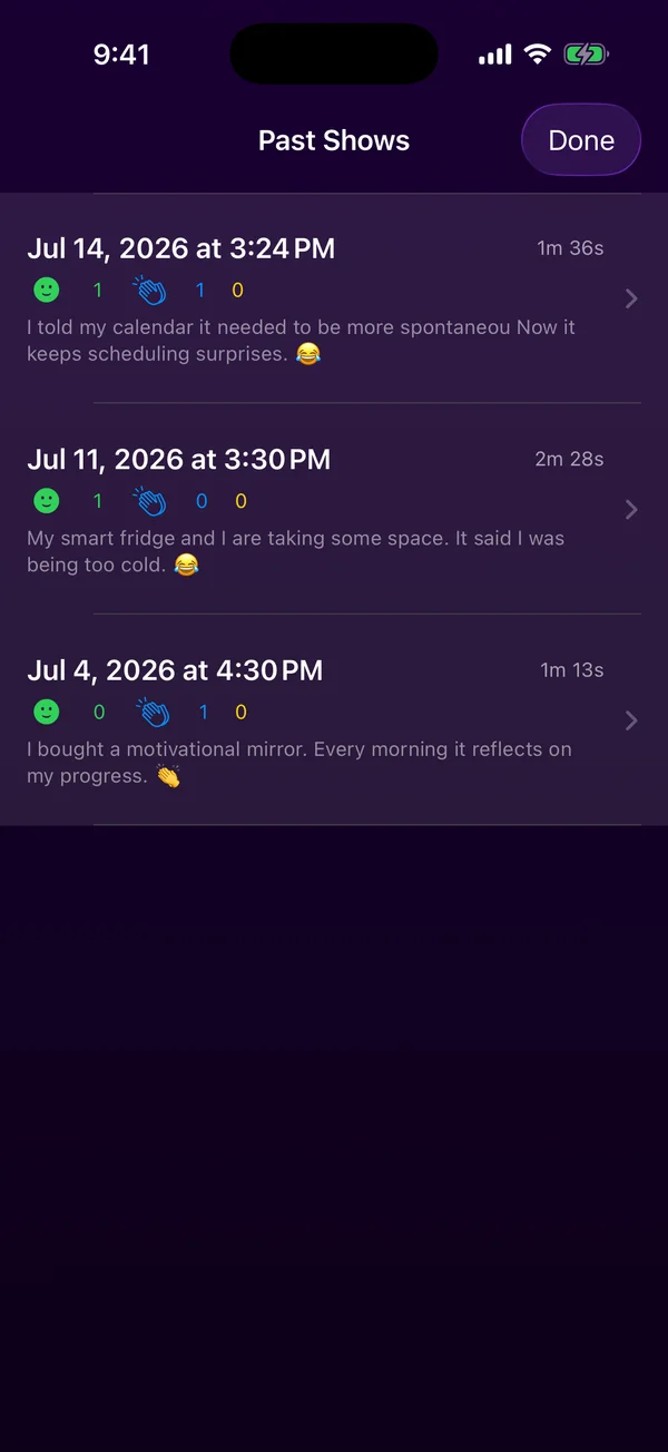 BombShelter past shows with reaction counts and transcript summaries