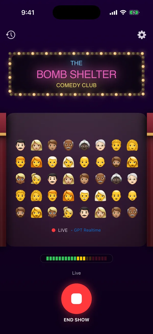 BombShelter listening to a live comedy set with a virtual audience