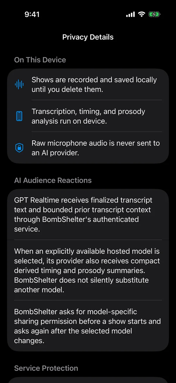 BombShelter privacy details explaining local audio processing