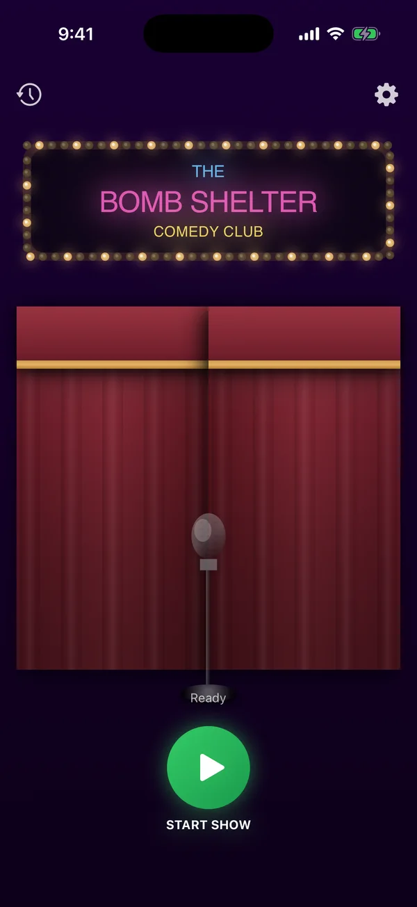 BombShelter ready screen with a closed theater curtain and start show button